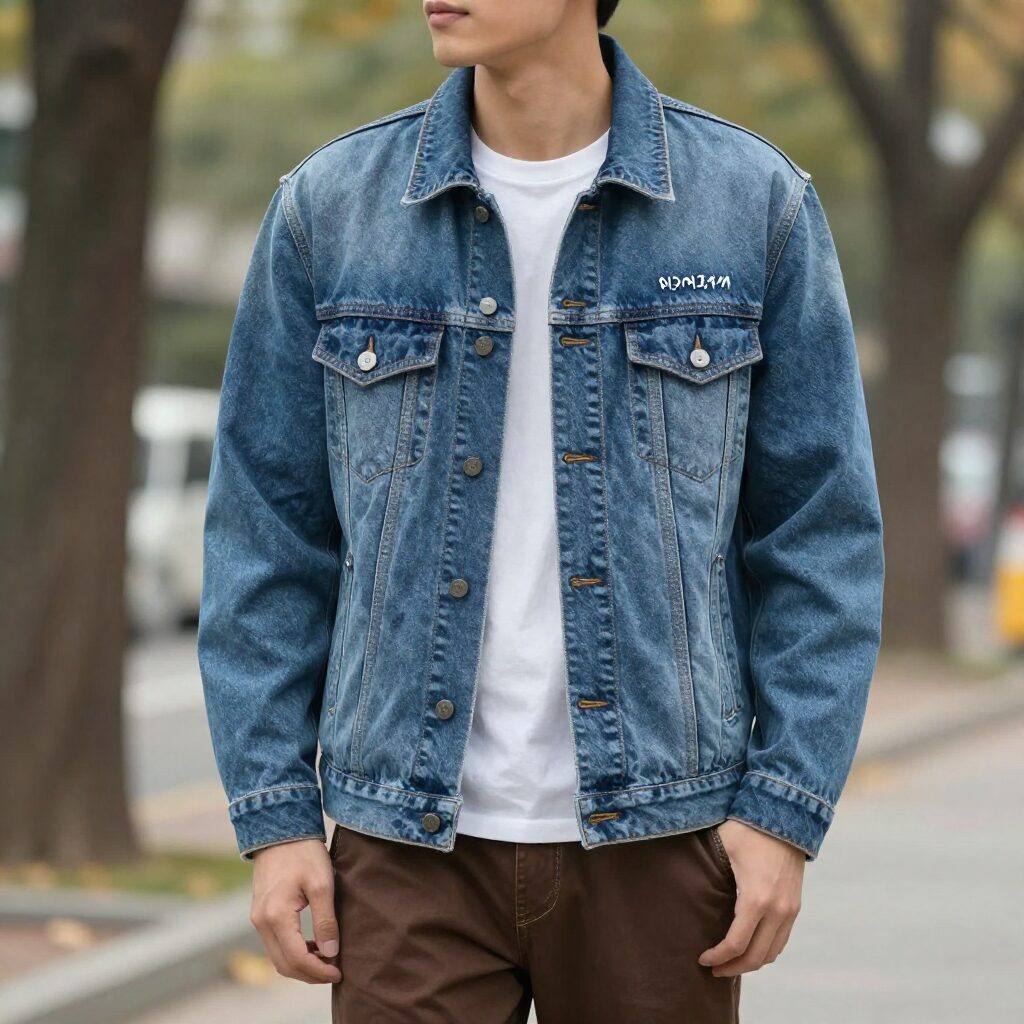 에잇세컨즈 데님 자켓과 슬랙스를 코디한 가을 스타일