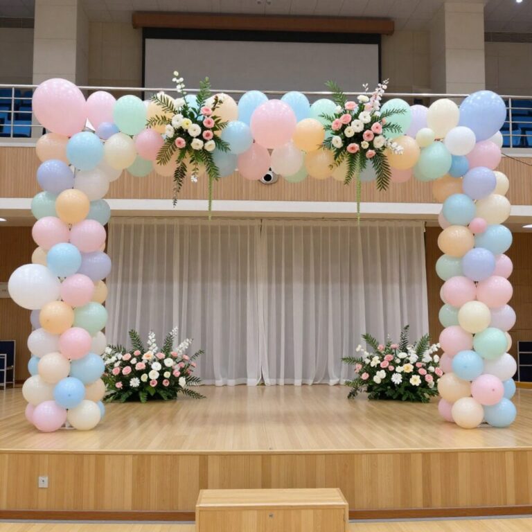 입학식 체육관 무대 파스텔톤 풍선장식과 꽃 모양 장식이 설치된 모습