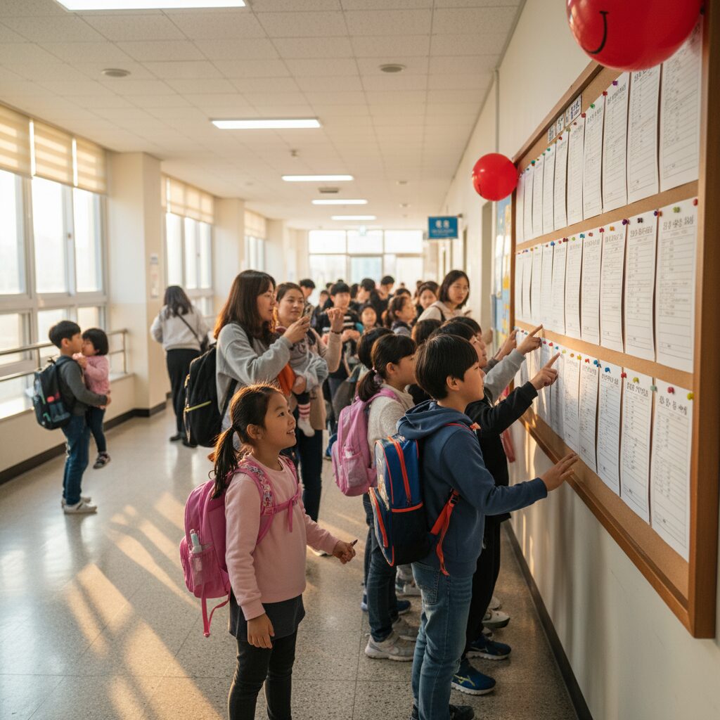 초등학교 반 배정 결과 확인하는 모습
