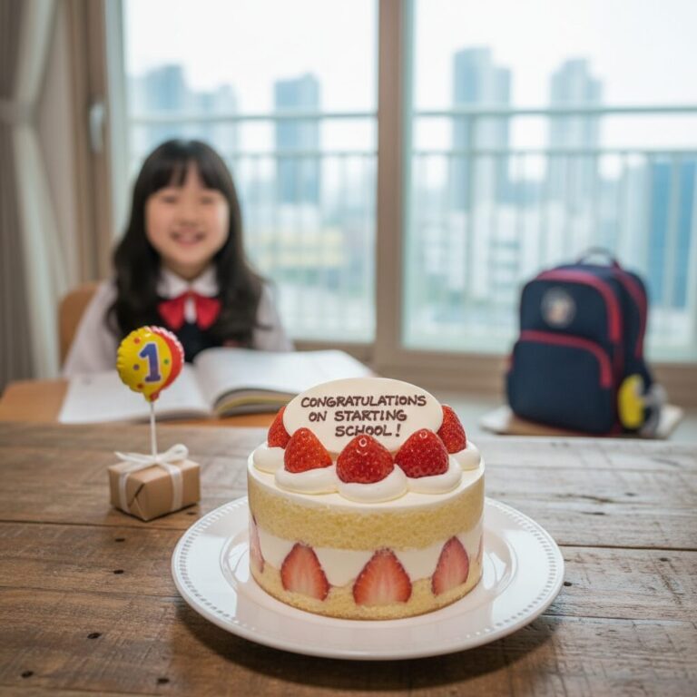 초등학교 입학 축하 레터링이 새겨진 미니 딸기 케이크