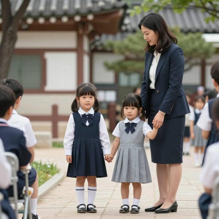 초등학교 입학식에서 편안하고 단정한 복장을 입은 엄마와 아이가 함께 서 있는 모습
