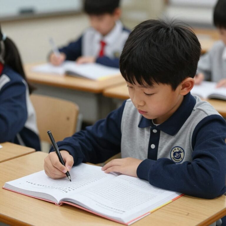 초등학생이 국어 문제집과 교과서를 펼쳐놓고 공부하는 모습