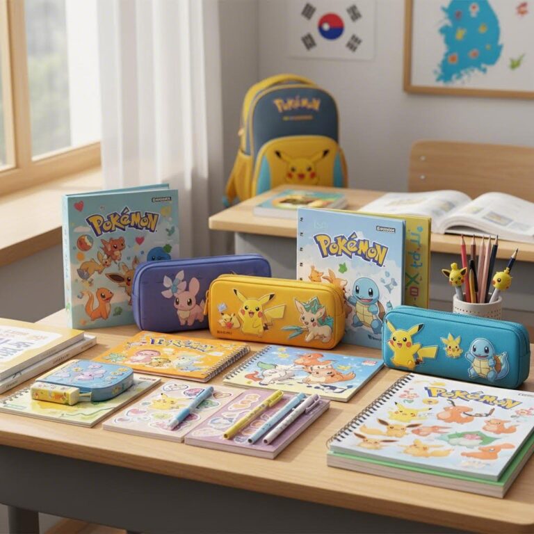 포켓몬 캐릭터가 그려진 다양한 초등학생용 문구 세트가 놓여 있는 사진