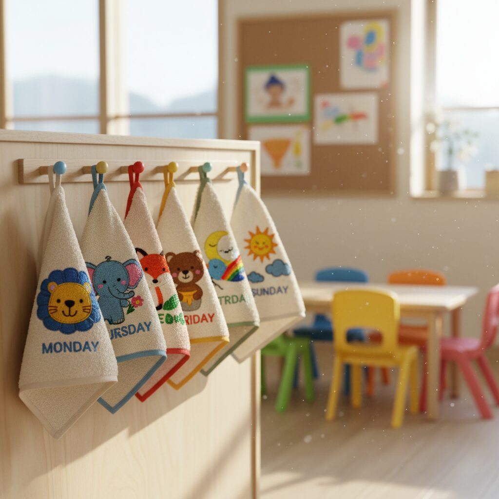 요일별로 디자인된 어린이집 자수 고리수건