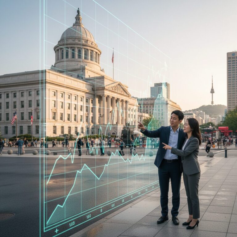 미국 재무부 건물과 환율 그래프가 겹쳐진 개념 이미지