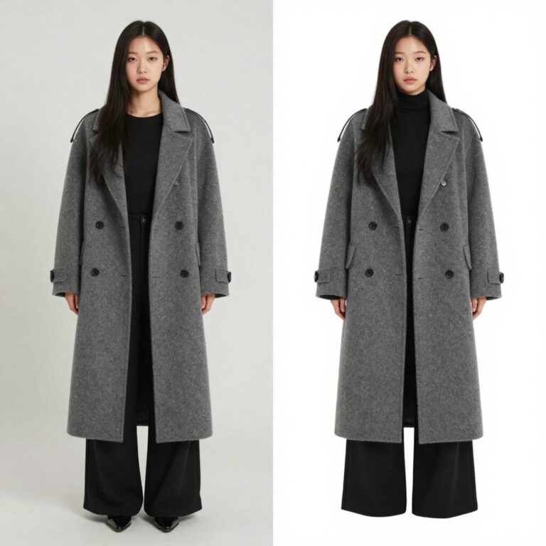 차분한 그레이 롱 코트와 블랙 원피스를 레이어드한 2월 하객룩 예시