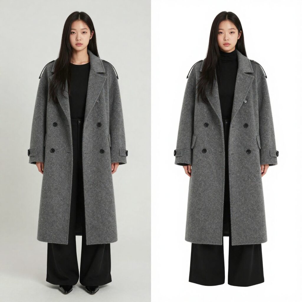 차분한 그레이 롱 코트와 블랙 원피스를 레이어드한 2월 하객룩 예시