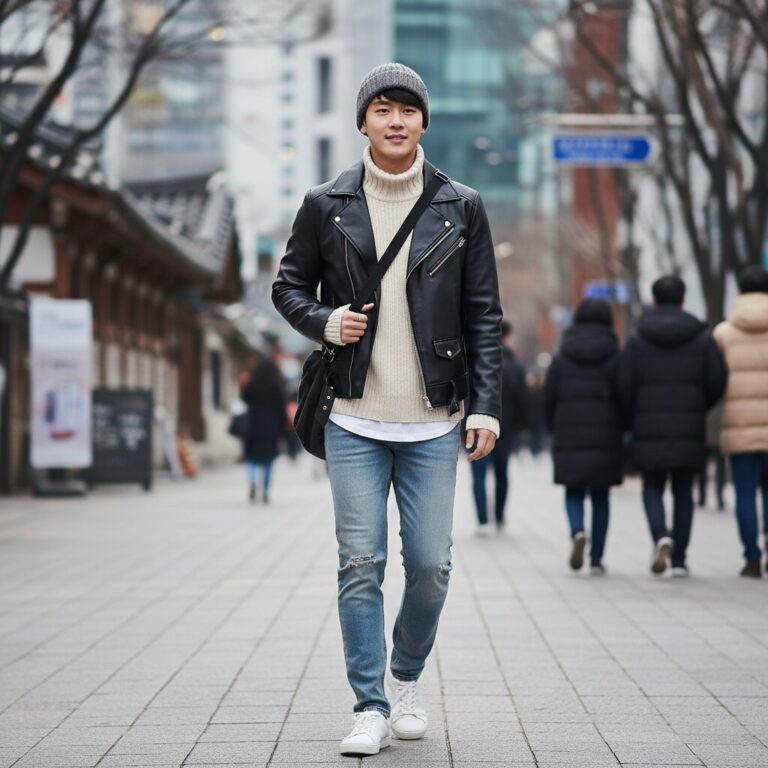 가벼운 라이더 자켓과 밝은 색 니트를 레이어드한 2월 캐주얼 코디