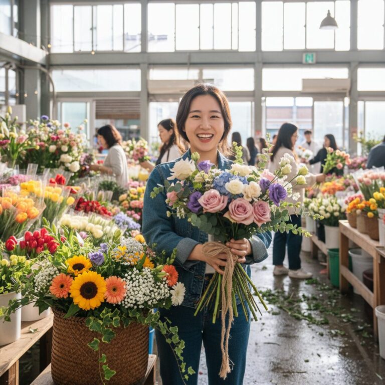 고속터미널 꽃시장에서 구매한 다양한 꽃들과 만들어진 꽃다발과 꽃바구니