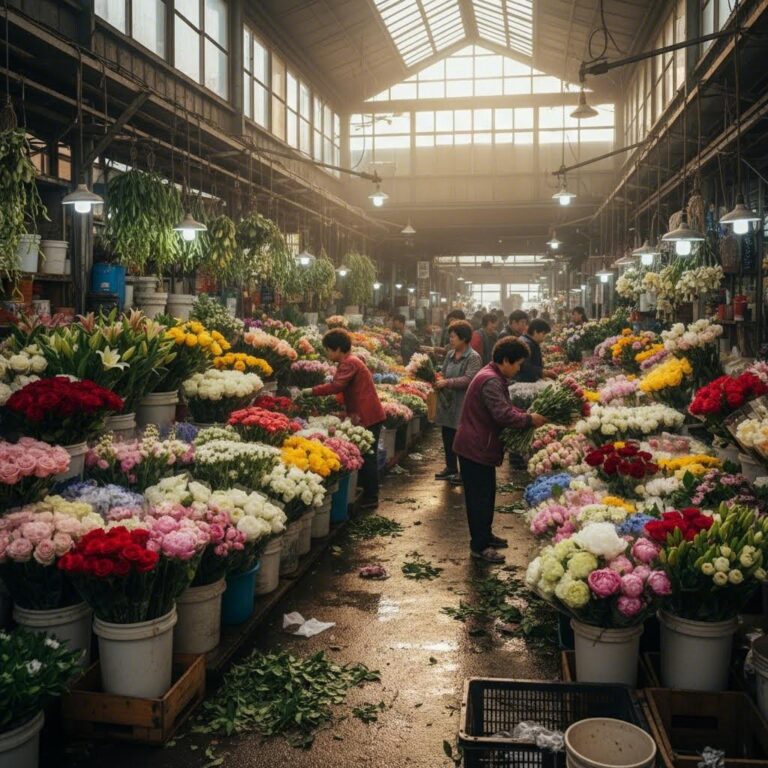 남대문 꽃 시장 내부의 다양한 꽃들이 진열된 모습