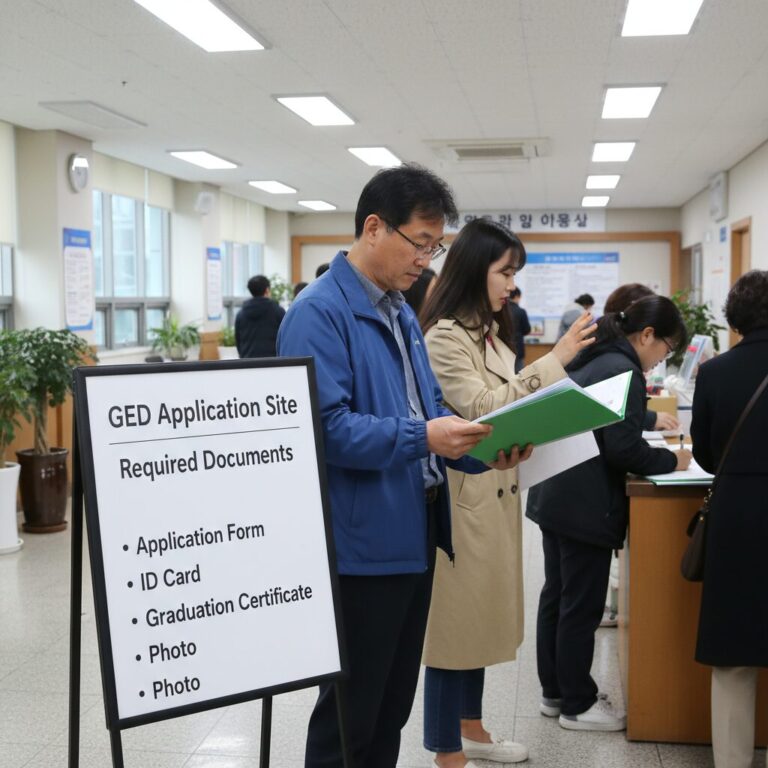 검정고시 현장접수 장소 안내판과 서류를 확인하는 모습