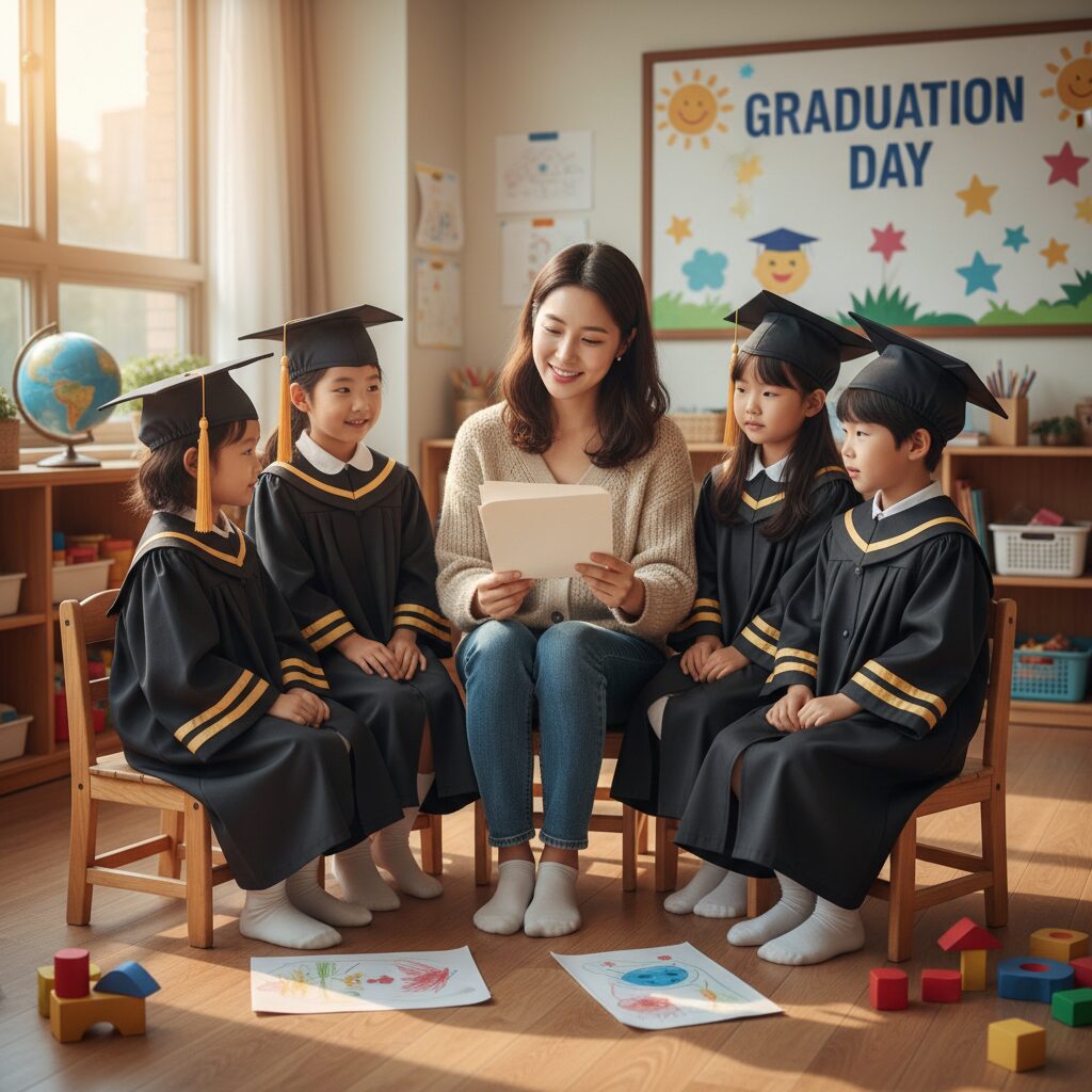 교사가 유치원생에게 졸업 편지를 읽어주는 따뜻한 모습