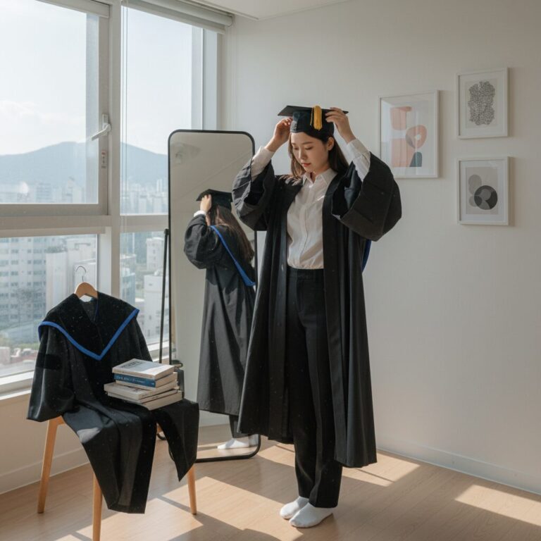 졸업사진 촬영을 위해 학위복과 셔츠를 준비하고 있는 모습