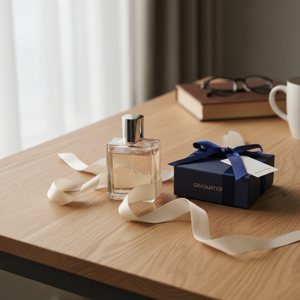 졸업 선물로 받은 향수 병과 리본 포장이 책상 위에 놓여 있음