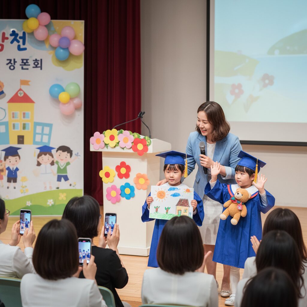 유치원 선생님이 학부모님께 졸업 인사말을 전하며 아이와 함께하는 모습