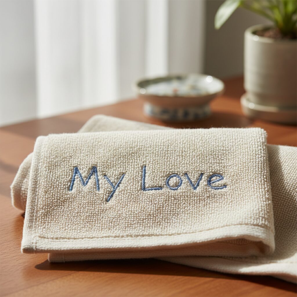 아이의 손글씨가 자수로 새겨진 크림색 수건