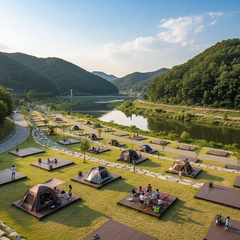 섬진강과 야영 데크가 보이는 순창 향가오토캠핑장 전경