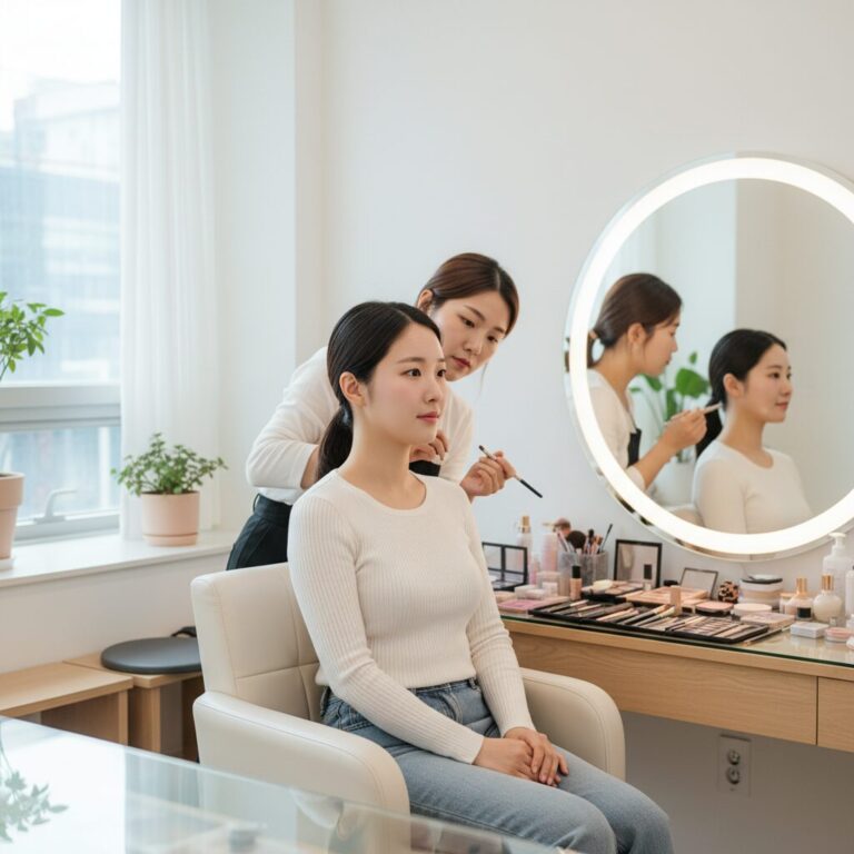 증명사진을 찍기 위해 메이크업을 받고 있는 모습, 밝고 깔끔한 메이크업 룸 내부