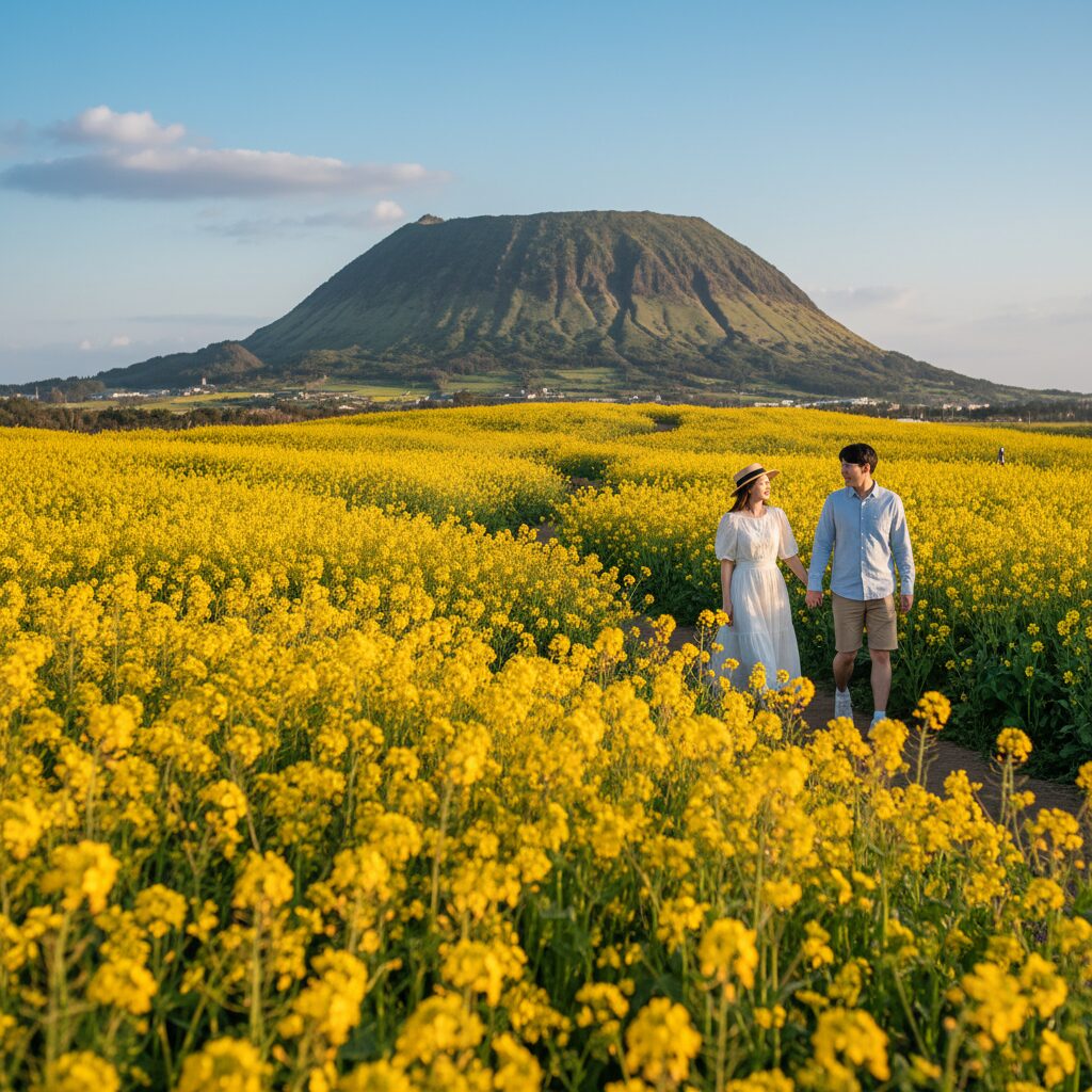 성산 유채꽃밭의 노란 유채꽃과 성산일출봉 배경