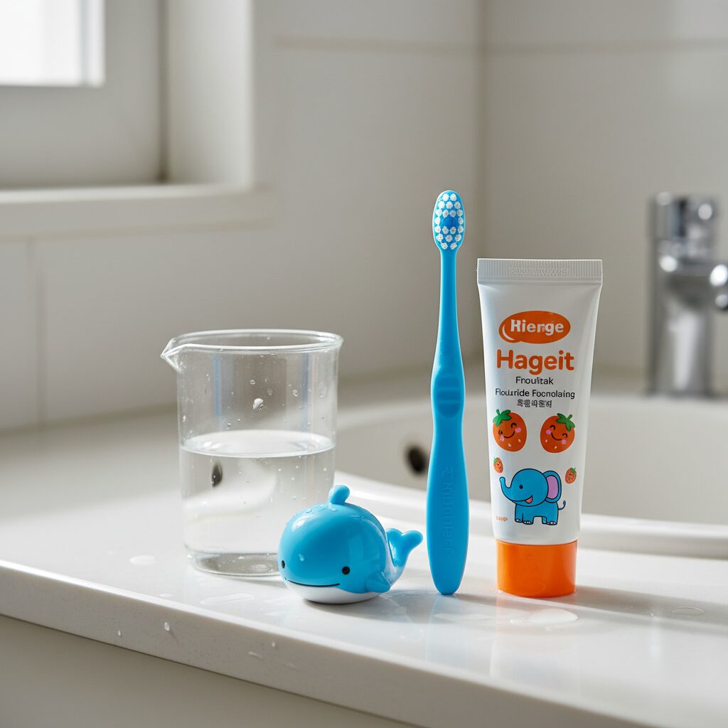 어린이용 칫솔과 치약 세트가 놓인 사진