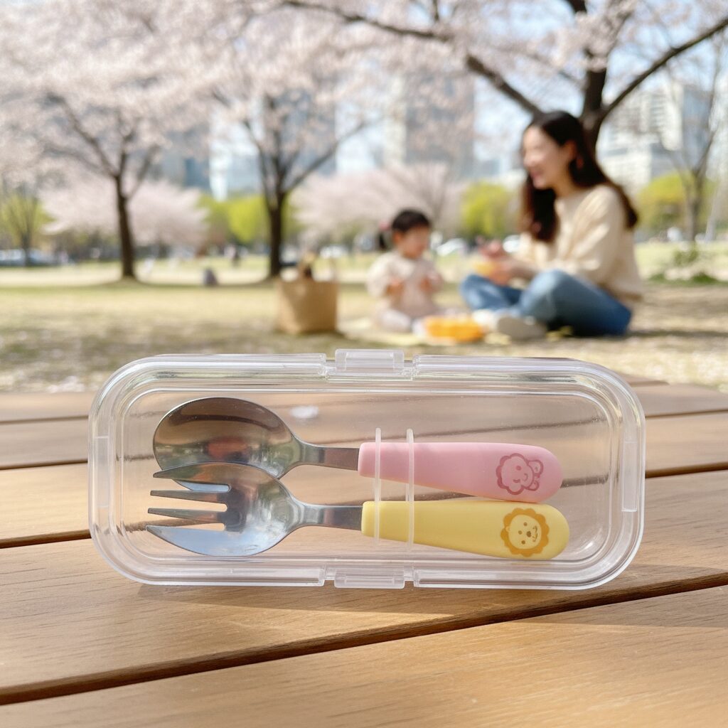 핑크와 옐로우 컬러의 올스테인리스 유아용 수저와 포크가 투명 케이스에 담겨 있는 사진