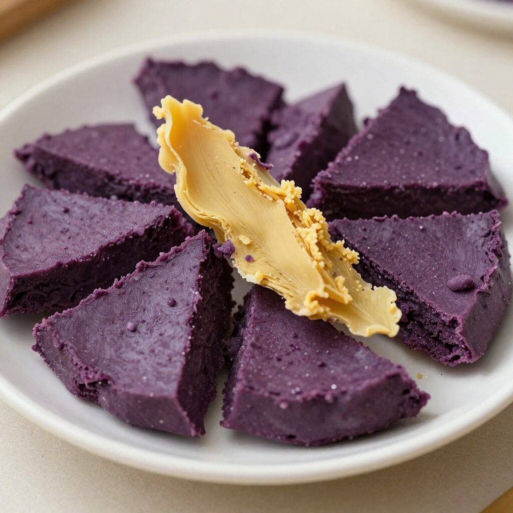 접시에 담긴 보라색과 연두색 콜라비 절편과 영양 성분표