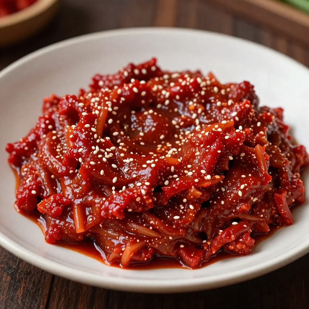 붉은 색 양념이 골고루 버무려진 콜라비 무침이 접시에 담겨 있음