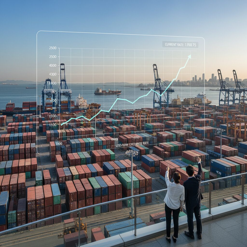 부산항에 쌓여 있는 수출용 컨테이너들과 원달러 환율 차트