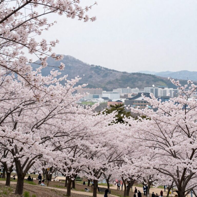 봄날 벚꽃이 만개한 구마모토성 전경