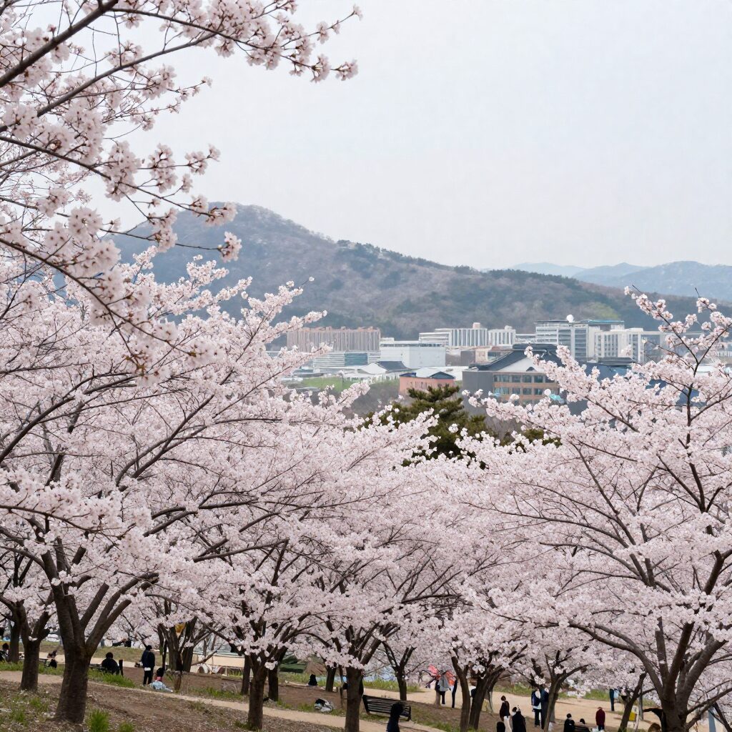 봄날 벚꽃이 만개한 구마모토성 전경