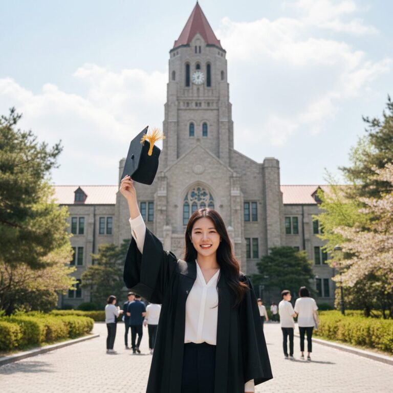 경희대학교 본관 앞에서 학사모를 든 졸업생 사진