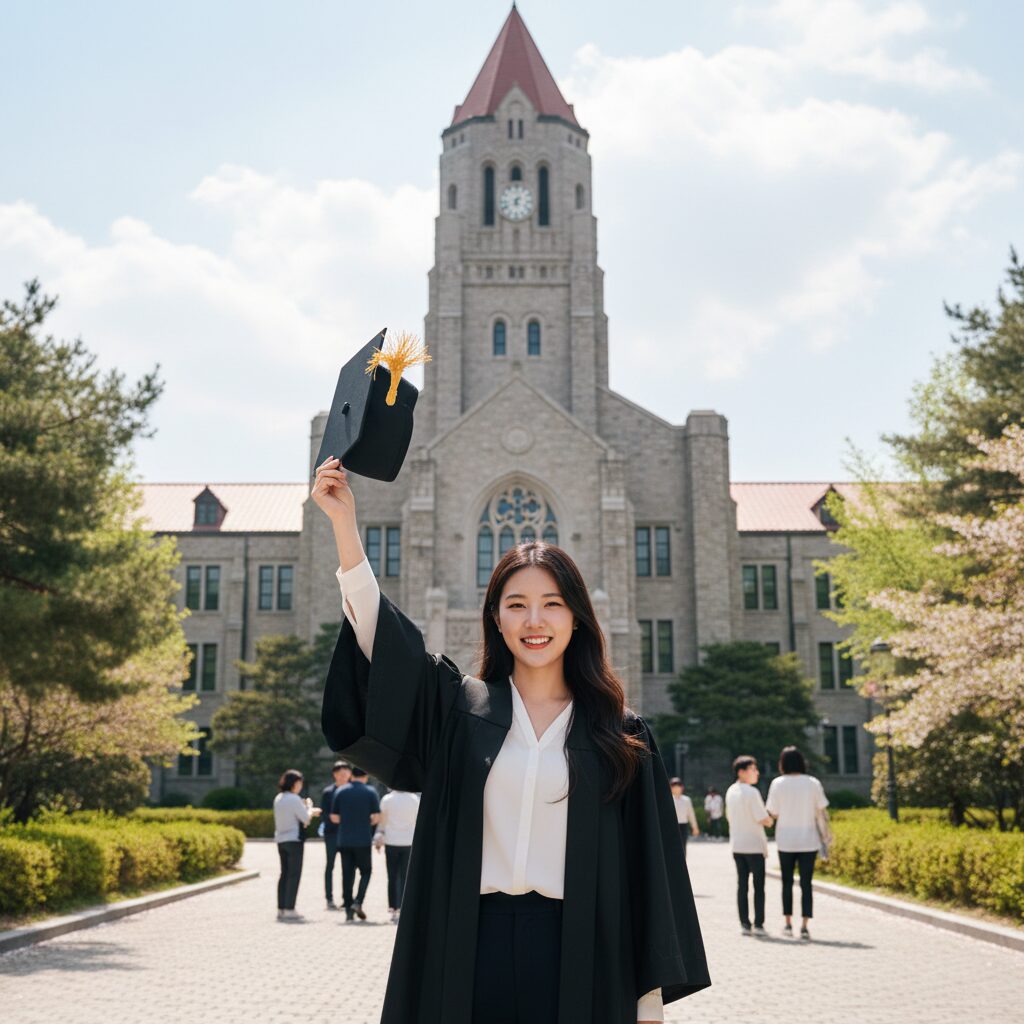 경희대학교 본관 앞에서 학사모를 든 졸업생 사진