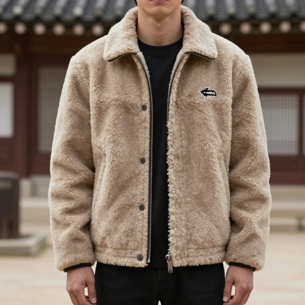 라코스테 남성 양털 카라 자켓 착용 모습. 깔끔한 카라와 캐주얼한 핏