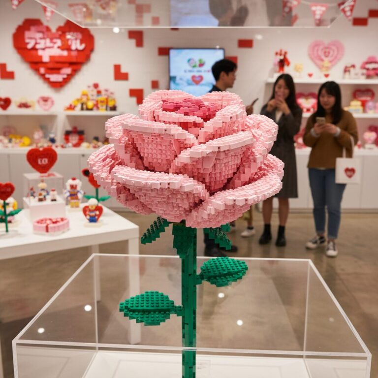 레고 발렌타인데이 팝업스토어에서 만든 핑크색 레고 장미