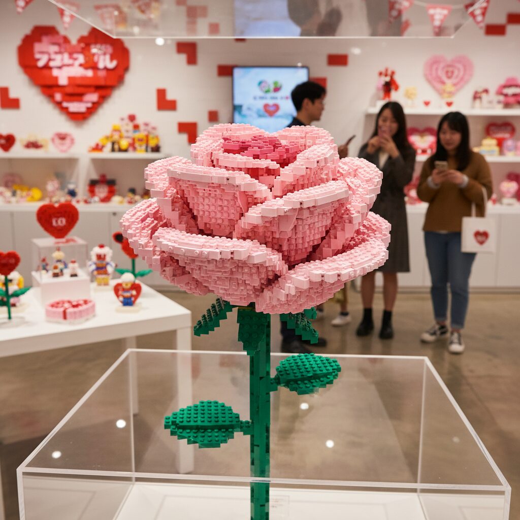 레고 발렌타인데이 팝업스토어에서 만든 핑크색 레고 장미