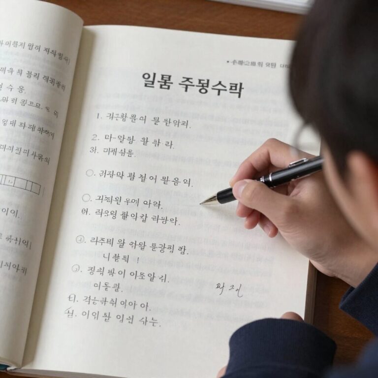 일품 중등수학 문제집을 펼쳐놓고 풀이를 적는 모습