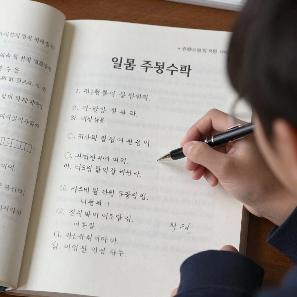 일품 중등수학 문제집을 펼쳐놓고 풀이를 적는 모습