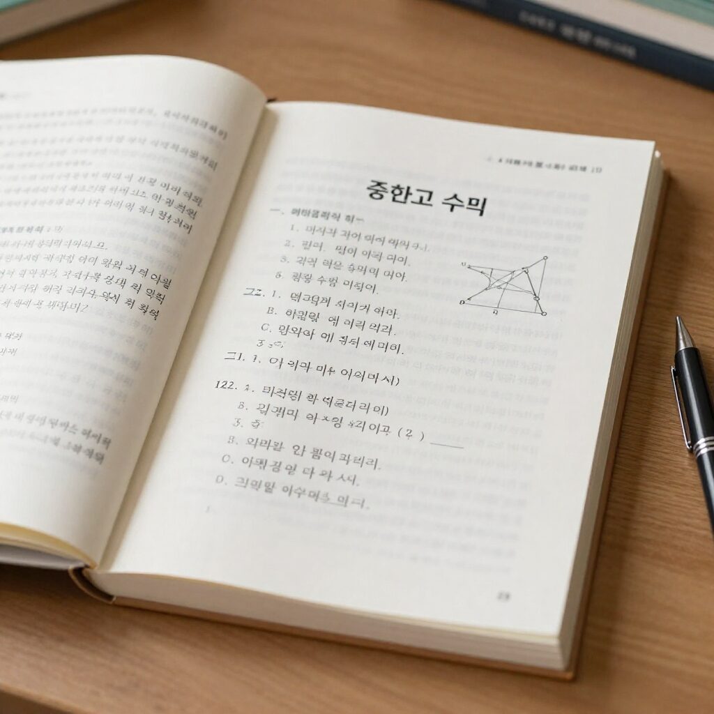 책상 위에 펼쳐진 중학교 수학 문제집과 필기구