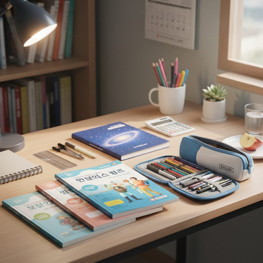 중학교 입학 준비물로 책상 위에 펼쳐진 학용품과 교과서
