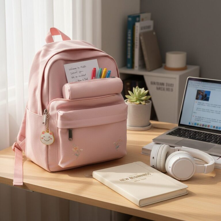 여자 중학생을 위한 입학 선물 세트로 백팩 필통 다이어리가 놓여 있음