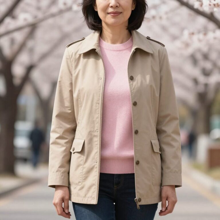 카키 재킷과 베이비 핑크 니트를 레이어링한 세련된 중년 여성의 봄 스타일