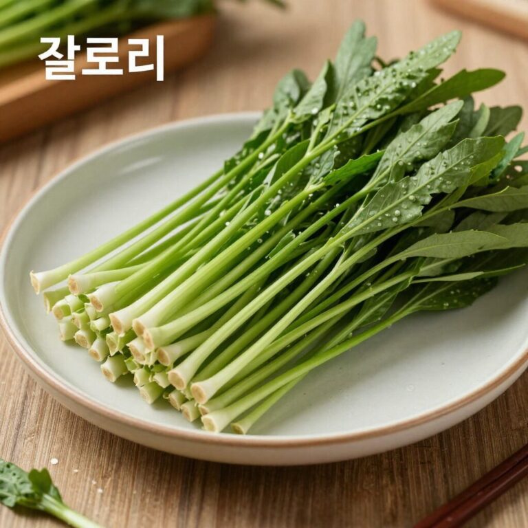 접시에 담긴 싱싱한 미나리와 칼로리 표시