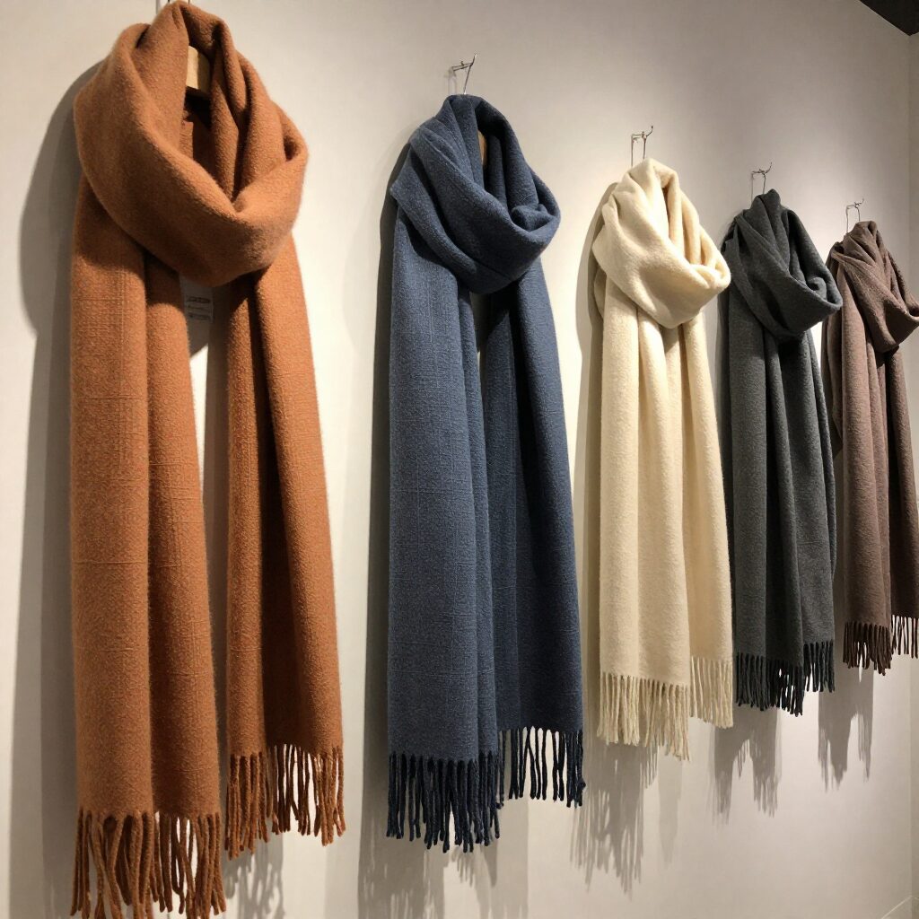 미니두두 팝업스토어 내 다양한 색상의 스카프가 전시된 모습