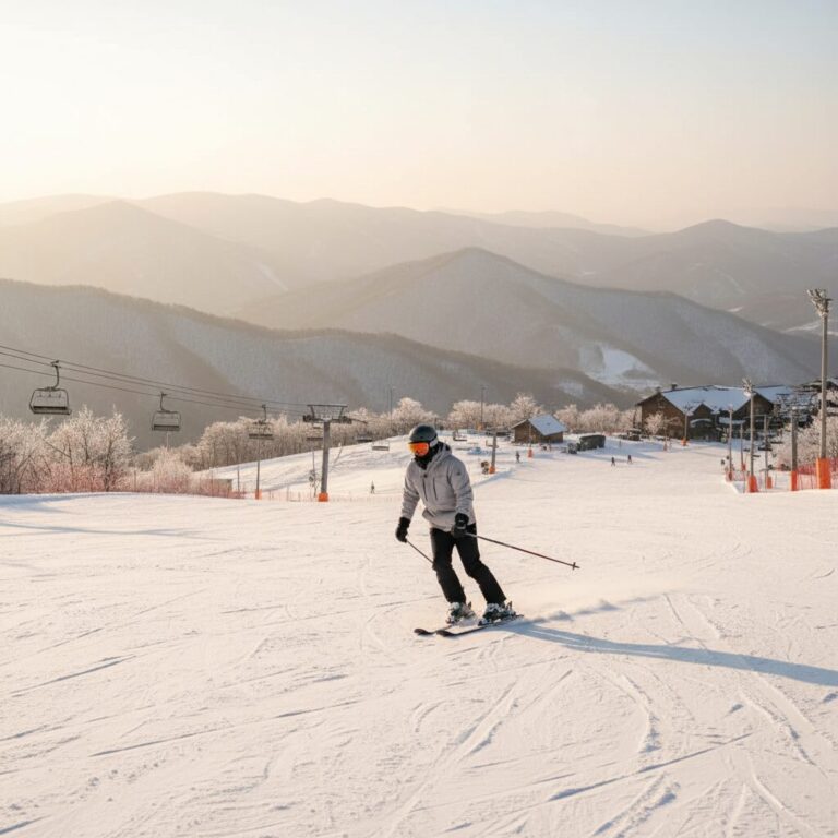 무주리조트 한적한 슬로프에서 스키 타는 모습