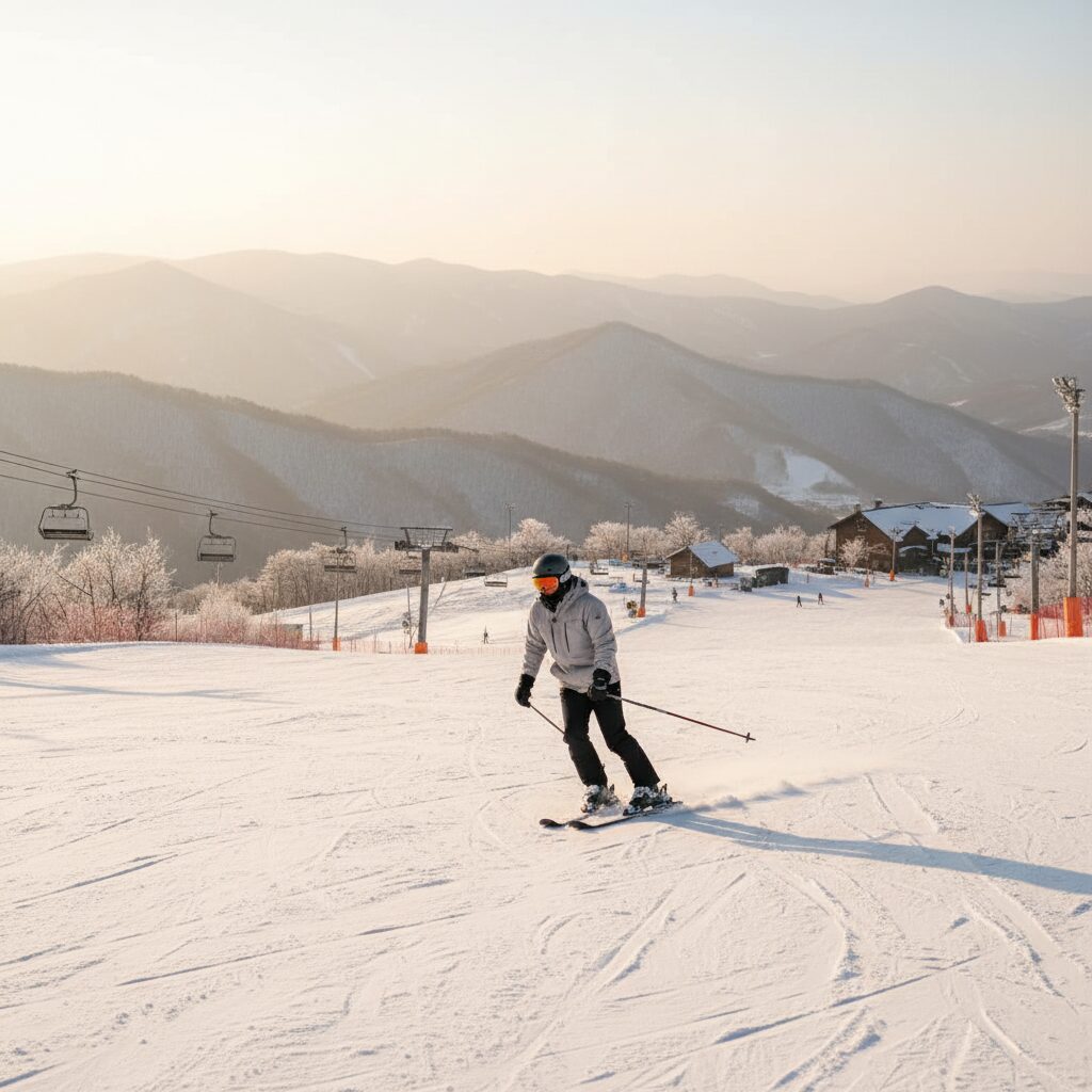 무주리조트 한적한 슬로프에서 스키 타는 모습