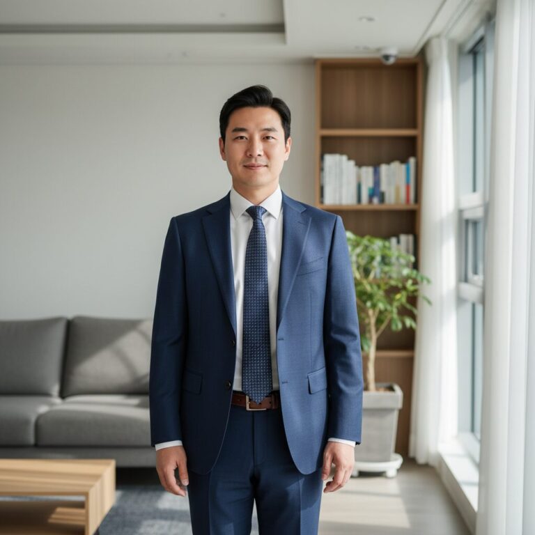 네이비 색상 정장과 화이트 셔츠, 잔잔한 패턴의 넥타이를 매치한 세련된 스타일