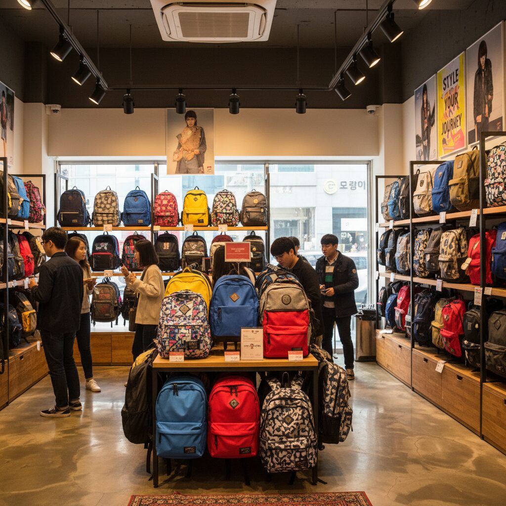 다양한 색상과 디자인의 학생 백팩이 진열된 매장 내부