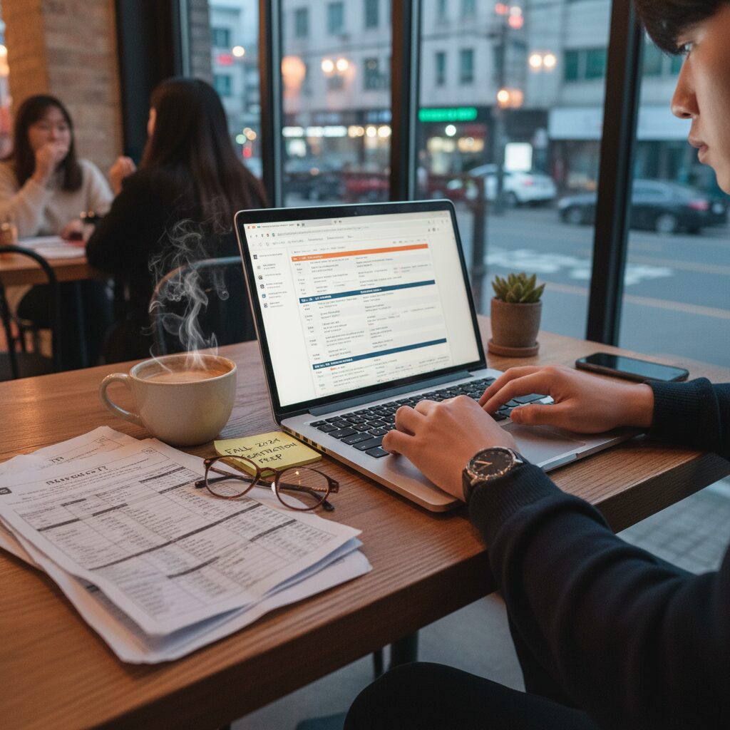 수강신청 준비를 위해 노트북과 출력된 시간표, 커피가 있는 카페 테이블