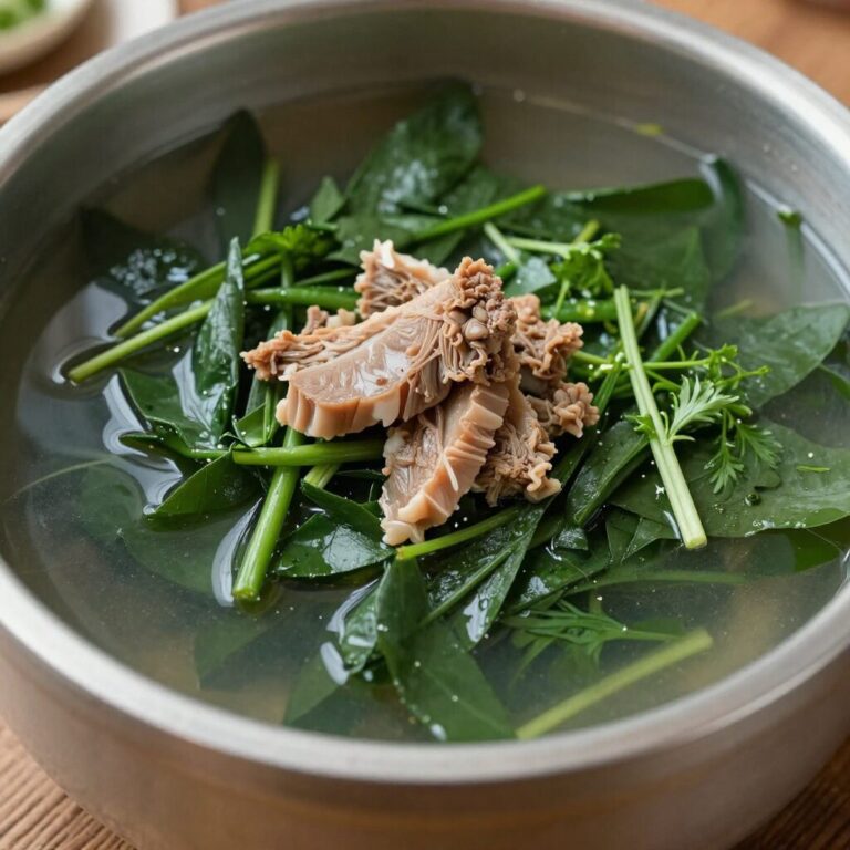 푸짐한 미나리와 곱창김, 쪽파가 올려져 있는 맑은 국물의 미나리죽