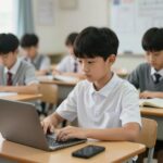 집중해서 온라인 강의를 듣는 중학생의 모습